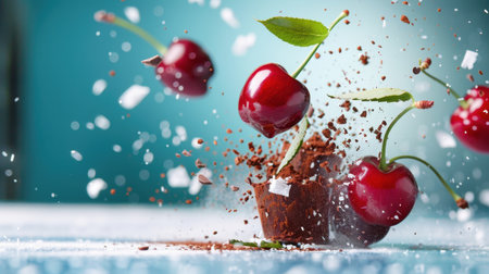 A stunning visual of fresh cherries bursting from a cup of chocolate, creating a captivating scene. The vibrant colors and textures highlight the deliciousness and creativity typically found in culinary photography.の素材