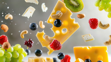 A lively scene featuring cheese, fresh fruit, and nuts suspended in mid-air, representing a dynamic culinary experience full of color and flavor.の素材