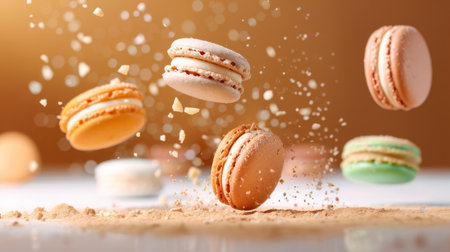 Vibrant flying macarons create a whimsical scene with sprinkles against a soft brown backdrop, showcasing a delightful dessert experience perfect for any sweet lover.の素材