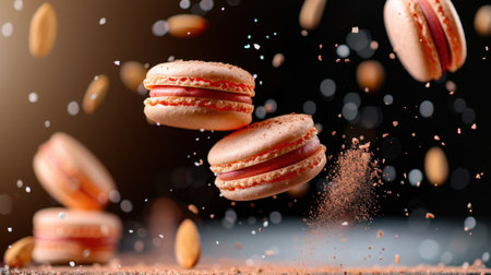 A stunning visual of macarons soaring through the air, surrounded by almond pieces and a sprinkle of texture, creating an eye-catching dessert display.の素材
