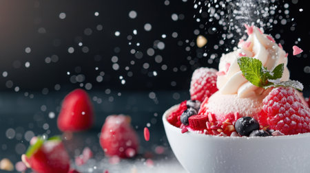 Indulge in a visually stunning dessert featuring whipped cream, fresh berries, and a sprinkle of powdered sugar. Perfect for celebrations.の素材