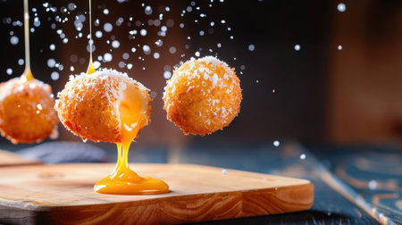 This image showcases golden crispy balls filled with melted cheese, artfully drizzled with warm ooze on a wooden cutting board. Perfect for food lovers.の素材