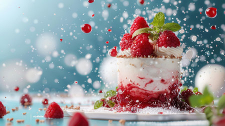 A visually stunning raspberry dessert features layers of cream and fruit, garnished with fresh mint, creating an enticing sweet experience.の素材