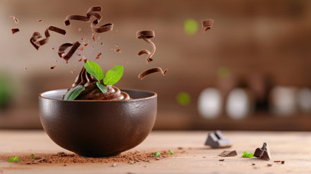 A tempting image of rich chocolate mousse topped with fresh mint leaves, artistic chocolate splatters create a delightful culinary presentation.の素材