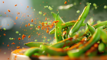 A dynamic image showcasing fresh green beans being sprinkled with spices amidst a kitchen setting. The captured motion adds energy, conveying vibrant culinary artistry.の素材