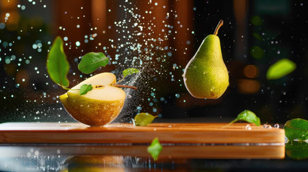 A captivating image featuring a fresh apple and pear on a wooden cutting board. Water splashes and green leaves enhance the vibrant scene showcasing healthy food.の素材