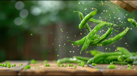 Captivating image of fresh green peppers soaring in the air, accompanied by a sprinkle of spices over a rustic wooden table, showcasing culinary creativity.の素材