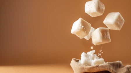 This captivating image showcases floating brown sugar cubes above a rustic wooden bowl, highlighting their texture and warmth. The soft background adds an inviting atmosphere perfect for cooking or baking themes.の素材