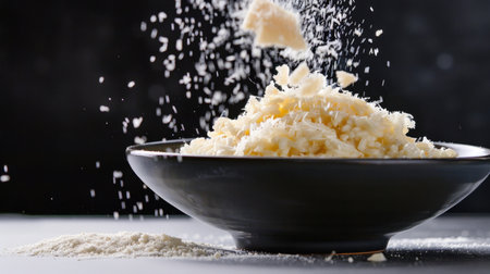An intricate scene of grated cheese cascading gracefully into a black bowl, showcasing culinary artistry and inviting the viewer to savor its texture and flavor.の素材