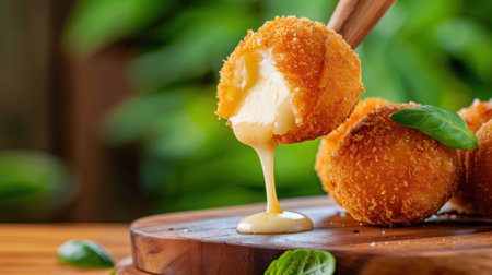 A stunning image of crispy golden cheese balls with a gooey melted filling, beautifully arranged on a wooden board, surrounded by vibrant green leaves for a fresh touch.の素材