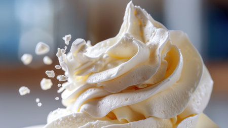 Close-up image of luscious whipped topping with delicate sprinkles, set against a soft background, creating a delightful and inviting dessert scene.の素材