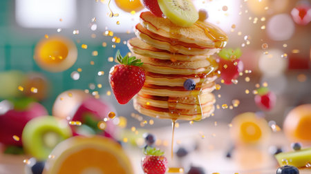 A visually stunning stack of fluffy pancakes drizzled with maple syrup, topped with fresh strawberries, blueberries, and kiwi, set in a vibrant kitchen atmosphere.の素材