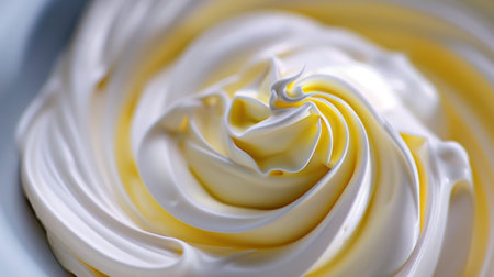 A close-up view of smooth and creamy whipped frosting featuring a beautiful swirled texture. Ideal for desserts, baking projects, and creative presentations.の素材