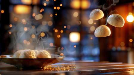 A captivating image of floating steamed buns adorned with sesame seeds, creating a cozy atmosphere in a restaurant, complete with warm lighting and rising steam.の素材