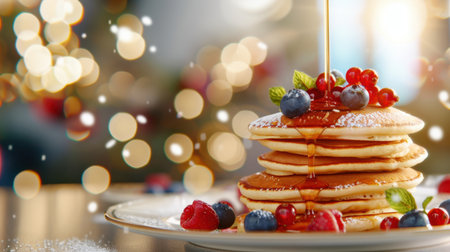 A delightful stack of fluffy pancakes drizzled with syrup and topped with fresh berries creates a charming scene perfect for any festive occasion.の素材