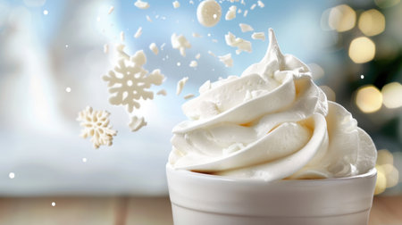 A close-up image of creamy whipped topping in a cup, surrounded by playful snowflakes, evoking a cozy winter atmosphere perfect for festive treats.の素材