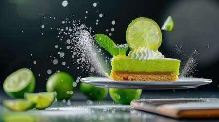 A vibrant slice of lime dessert garnished with whipped cream and mint sits elegantly on a plate, surrounded by fresh lime halves and sugar sprinkles.の素材