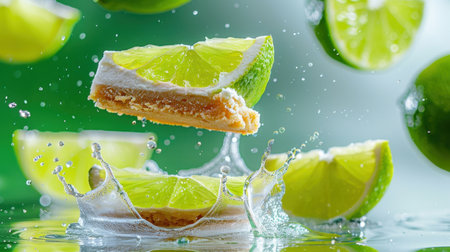 This stunning image features a refreshing lime dessert with vibrant green slices and splashes of water, capturing the essence of freshness and flavor.の素材