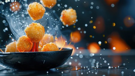 A stunning image of crispy snack bites suspended in mid-air, surrounded by inviting flames and swirling smoke, creating an energetic culinary scene.の素材