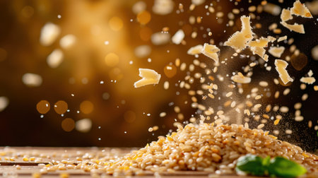 A captivating image capturing the dynamic movement of grain flakes and flour dust against a warm golden backdrop, evoking culinary creativity.の素材
