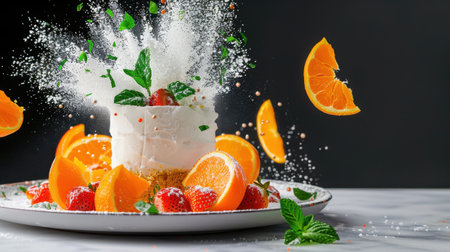 A beautifully arranged fruit cake topped with vibrant strawberries and oranges, surrounded by a dynamic splatter of flour and fresh mint leaves.の素材