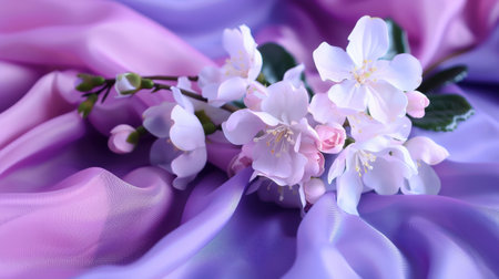 A stunning close-up of delicate flowers nestled on soft, flowing fabric in shades of purple and pink, creating a serene and elegant atmosphere. Perfect for various designs.の素材