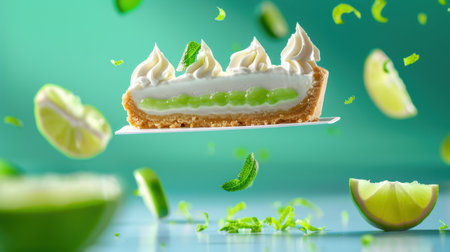 An enticing key lime pie slice is showcased with whipped cream and surrounded by fresh lime slices and mint leaves, creating an inviting dessert scene.の素材