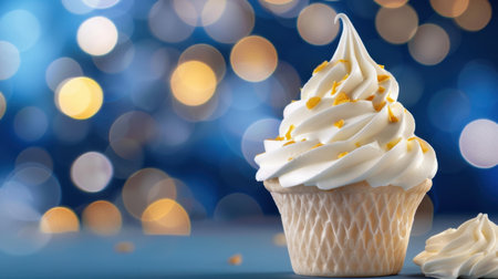 A beautifully crafted vanilla cupcake topped with creamy swirled frosting and yellow sprinkles, set against a vibrant bokeh backdrop, perfect for festive celebrations.の素材