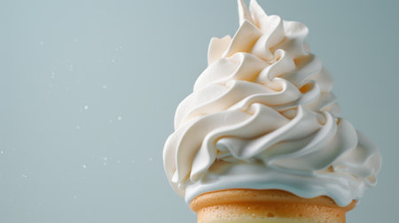 This image features a delightful ice cream cone topped with rich whipped cream, perfect for dessert lovers. Its smooth texture and light background enhance the appeal and invite indulgence. Ideal for food-related projects.の素材