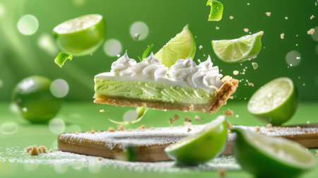 A mouthwatering lime pie slice, topped with fluffy whipped cream, levitates above fresh limes, creating a vibrant and energetic culinary scene.の素材