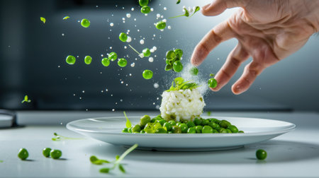 A captivating moment of culinary creativity featuring green peas and creamy rice as an artistの素材