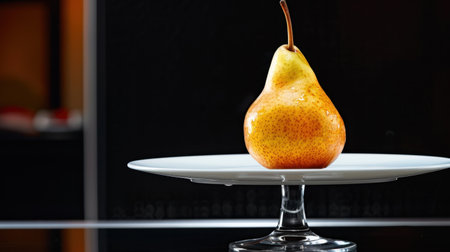 A vibrant, fresh pear positioned elegantly on a white plate, showcasing its natural beauty against a dark background, perfect for culinary visuals.の素材