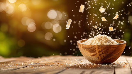 A picturesque image showcasing a wooden bowl filled with rice, with flakes gracefully falling above it, illuminated by soft sunlight, perfect for food-related themes.の素材