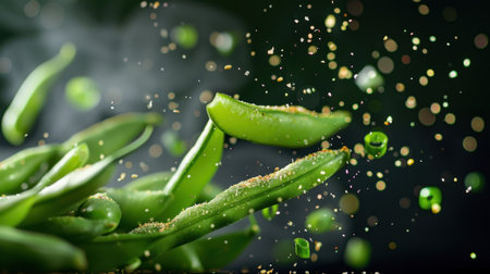 Exciting close-up of fresh green beans sprinkled with spices, creating an elegant and vibrant culinary scene. Ideal for healthy food inspiration.の素材