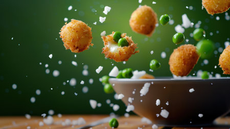 A visually stunning image showcasing crispy golden food bites hovering above a bowl, surrounded by fresh green peas and sprinkled crumbs, perfect for culinary inspiration.の素材
