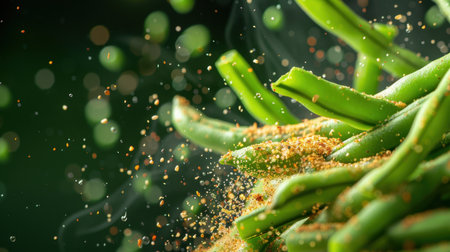 A captivating scene of fresh green beans enhanced with vibrant spices, showcasing droplets and steam, perfect for culinary and food photography.の素材