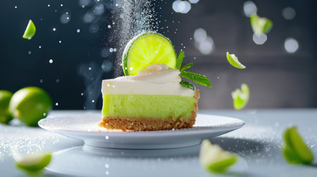 A delightful slice of lime dessert topped with cream, garnished with mint leaves, and sprinkled with sugar, perfect for a fresh treat.の素材