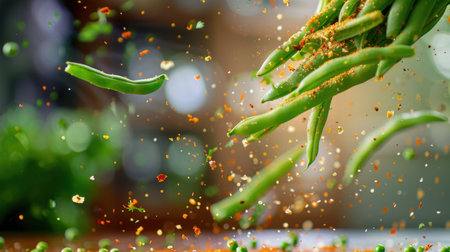 This dynamic image captures fresh green beans flying through the air with vibrant spices, showcasing a lively kitchen atmosphere perfect for culinary enthusiasts.の素材