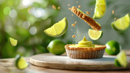 A visually stunning lime tart garnished with zesty cream, floating ingredients, and vibrant citrus slices in a lively and bright atmosphere.の素材