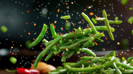 This dynamic image captures fresh green beans being tossed in the air, accented by vibrant chili flakes, showcasing a lively cooking atmosphere perfect for food lovers.の素材