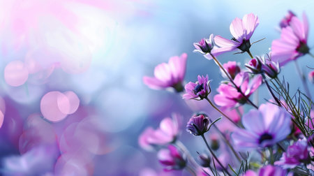 Gorgeous purple flowers bloom softly in a garden, illuminated by gentle sunlight. This serene scene captures nature's beauty, perfect for floral and outdoor themes.の素材