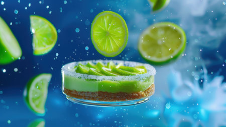 A stunning green lime dessert displays freshness with floating lime slices against a blue backdrop. Perfect for culinary enthusiasts and food photography.の素材