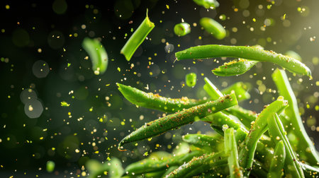 Dynamic image of fresh green beans caught in mid-air with seasoning sprinkle, showcasing culinary creativity, vibrant colors, and healthy food aesthetics.の素材