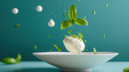 An artistic display of fresh basil and mozzarella floating gracefully above a white bowl, set against a serene turquoise backdrop, perfect for culinary visuals.の素材