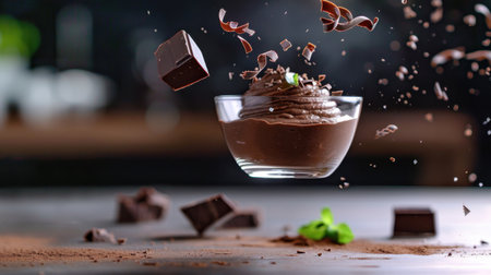 This stunning image features a rich chocolate mousse topped with chocolate shavings and mint, beautifully presented in a glass bowl on a rustic wooden table.の素材