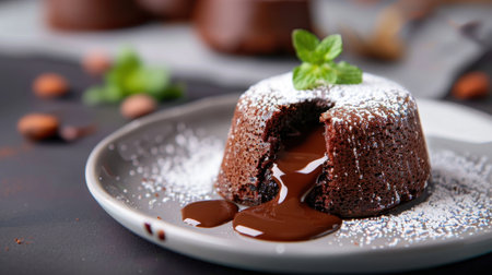 A tempting molten chocolate lava cake, beautifully presented on a plate with a drizzle of warm chocolate and topped with powdered sugar and mint leaves.の素材