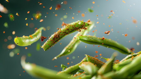This stunning image features fresh green beans beautifully seasoned with vibrant spices, captured in mid-air to evoke a sense of dynamic culinary art.の素材