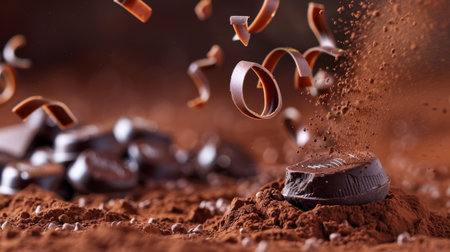 This captivating image features rich dark chocolate resting on a bed of cocoa powder, surrounded by floating chocolate shavings. Perfect for food photography.の素材