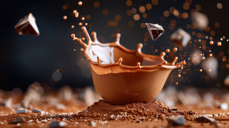 A dynamic splash of rich chocolate emerges from a bowl, surrounded by brown powder and delicate droplets, creating a mesmerizing and appetizing scene.の素材
