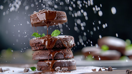 A stunning close-up of stacked chocolate brownies drizzled with rich chocolate sauce and accented by fresh mint leaves, creating an inviting dessert scene.の素材